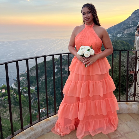 Leena for Mac Duggal Ruffled Tiered Pleated Halter Neck A Line Gown - Picture 4 of 4